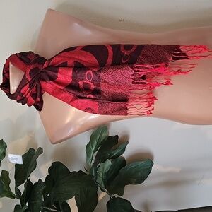 Red & Black Circle Pattern Scarf – Soft Lightweight Fringe Scarf – 27” x 68”